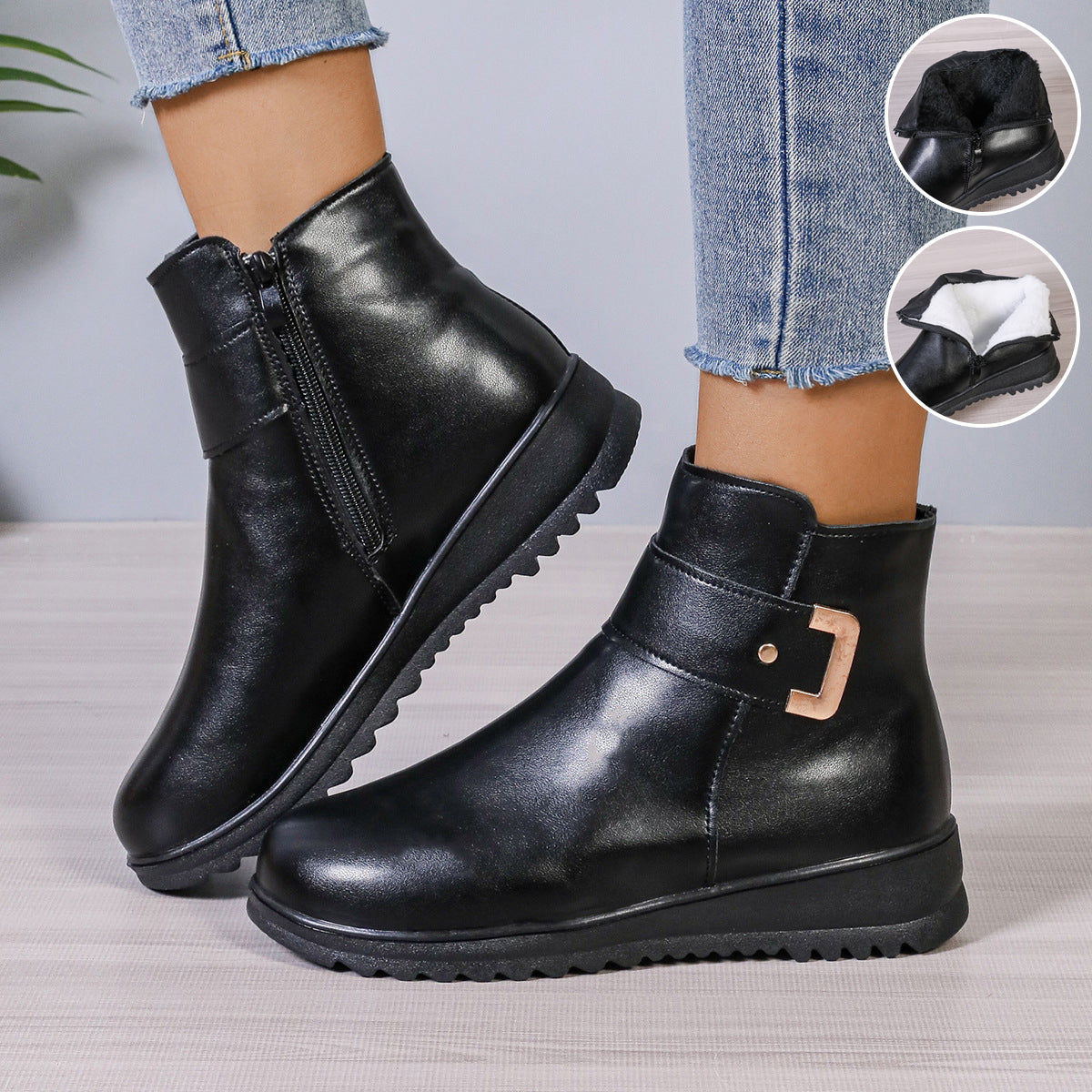 Fleece-Lined Zip Ankle Boots