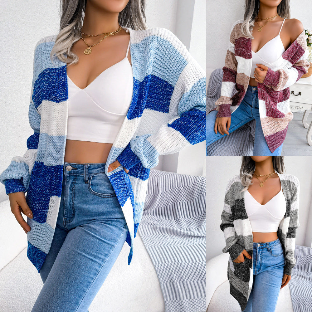 Lantern-Sleeve Plaid Cardigan