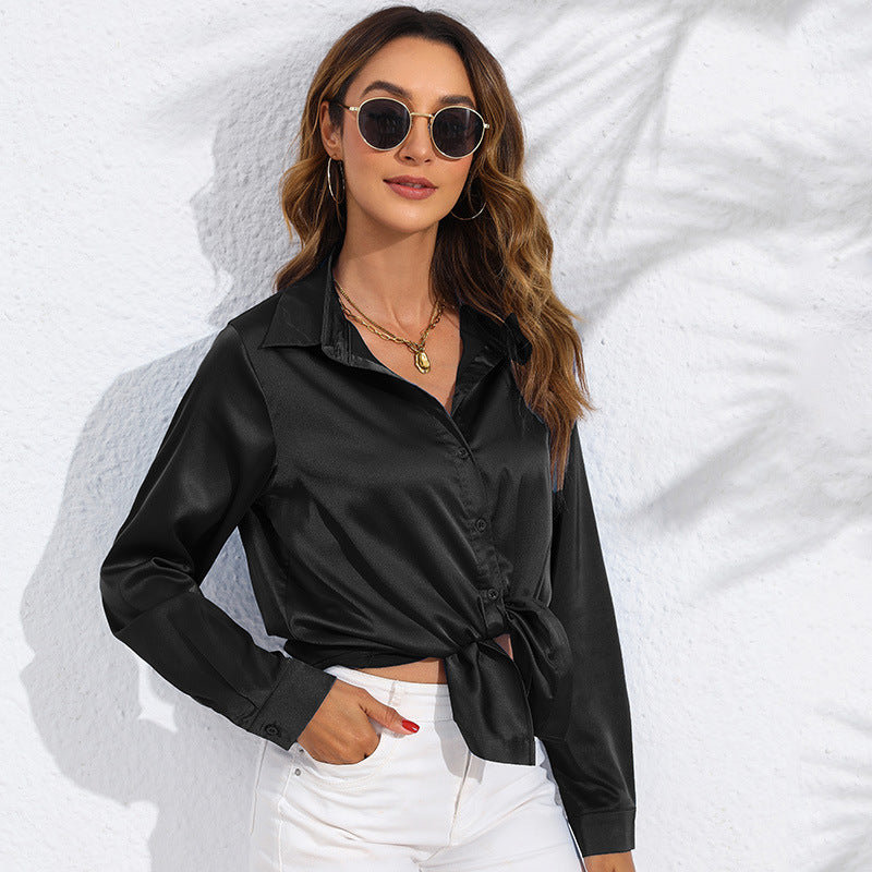 Fluid Satin Long-Sleeve Blouse