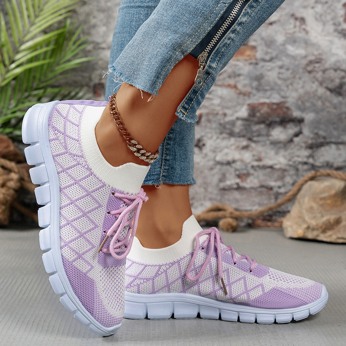 Plaid Knit Colour-Block Sneakers